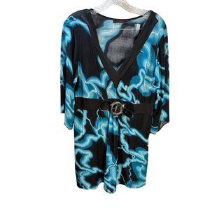Takoni Womens V-Neck Dress With Belted Waist & Abstract Blue-Black Lightning Pri